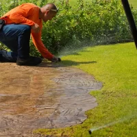A person in an orange shirt kneeling by a lawn, working on the grass while water sprays from a sprinkler nearby.