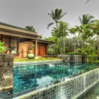 A modern house with a large swimming pool surrounded by tropical plants and palm trees. The pool features a stone wall with water flowing down into it, and the house has wooden elements and large glass doors.