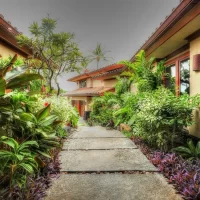 A pathway lined with lush greenery and colorful plants, leading to buildings with a tropical architectural style.